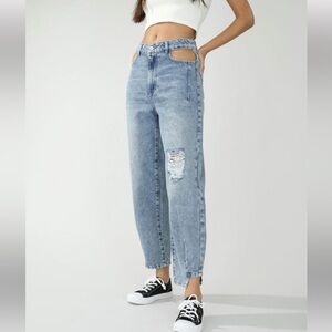 PIMKIE High Waisted Slouchy Cut Out Mom Jeans in Light Blue Size S